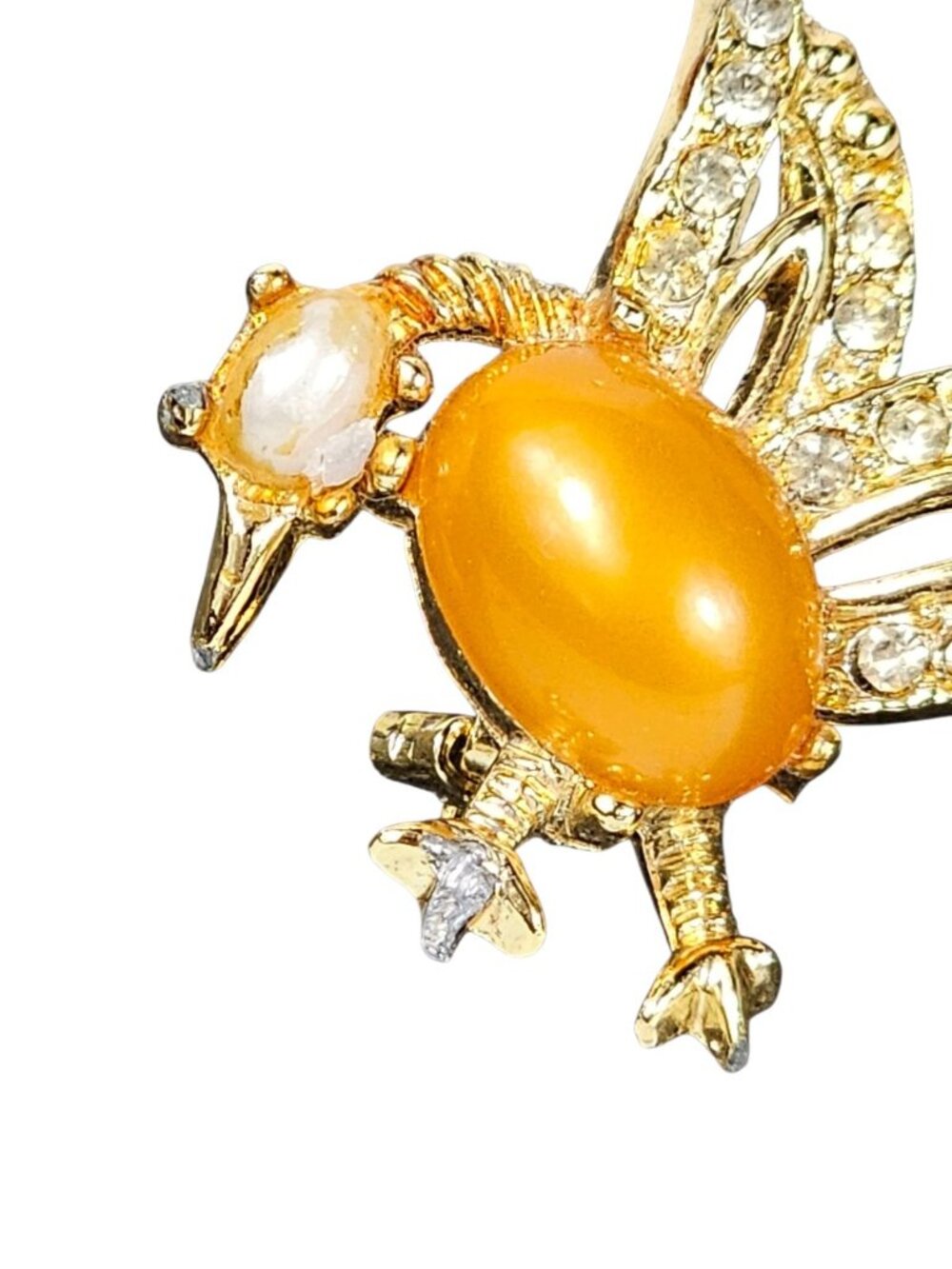 Gold Tone Bird Brooch with Amber color Cabochon & Rhinestone Wings Retro VTG - Picture 3 of 6